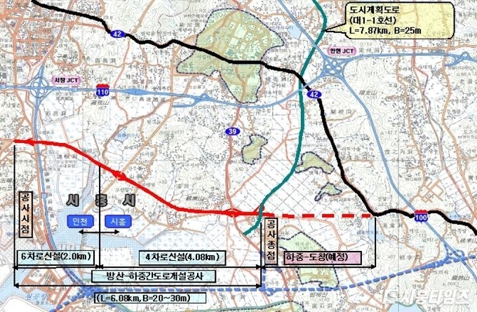 42호선 우회도로(비류대로) 위치도. 빨간 점선이 호조벌을 통과하는 예정 도로로 송미희 의원은 역사적 가치가 있는 호조벌을 훼손시키지 말고, 다른 도로의 확장을 통해 교통량을 분산시킬 것을 주문하고 있다.