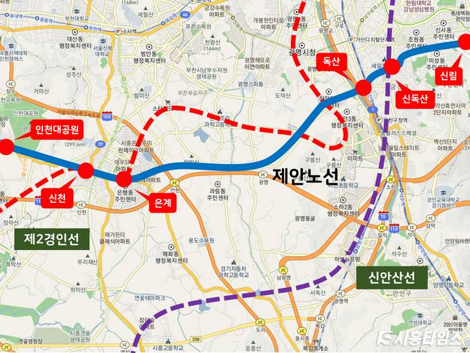 더불어민주당 문정복 시흥갑지역위원장이 제안(파란색)한 인천지하철 2호선 연장 노선도