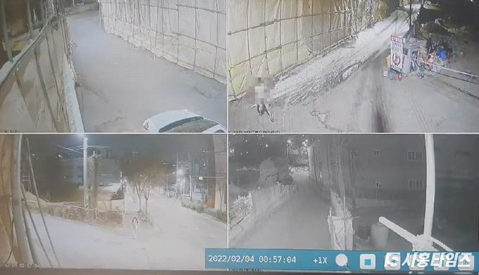 알몸남이 포착된 CCTV. 한 여성이 걸어오자(화면 좌측 아래) 알몸남이 이를 지켜보며 서성이고 있다(화면 우측 위)